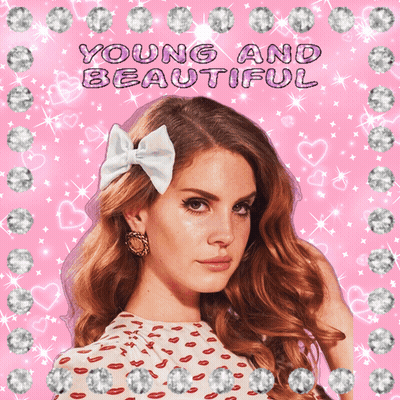 A Woman With A Bow In Her Hair Is Surrounded By Diamonds And Hearts And The Words Young And Beautiful GIF