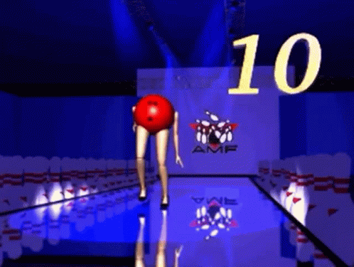 A Woman With A Bowling Ball On Her Head Stands In Front Of A Sign That Says Amf GIF