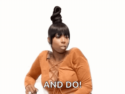 A Woman With A Bun On Her Head Is Sitting Down With The Words `` And Do '' Written Next To Her . GIF