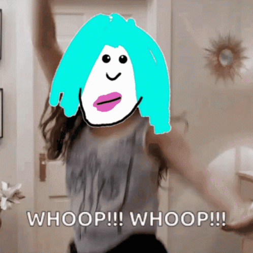 A Woman With A Cartoon Face On Her Head Says Whoop !!! GIF