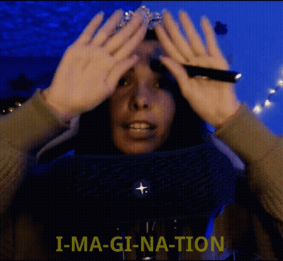 A Woman With A Crown On Her Head And The Words I-Ma-Gina-Tion Above Her GIF