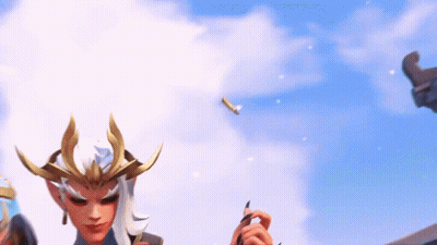 A Woman With A Crown On Her Head Is Holding A Pen In Front Of A Blue Sky . GIF