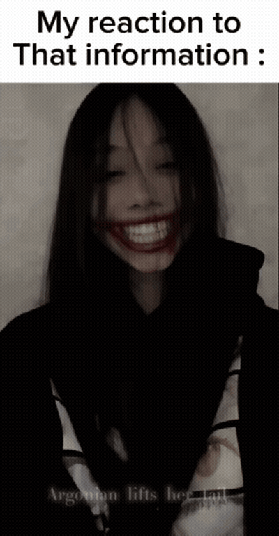 A Woman With A Fake Smile On Her Face And The Words My Reaction To That Information : Argoman Lifts Her Tail GIF
