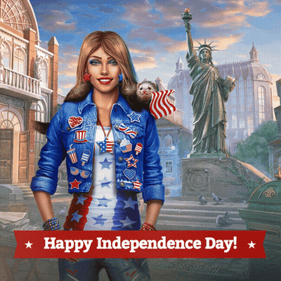 A Woman With A Ferret On Her Shoulder And The Words Happy Independence Day GIF
