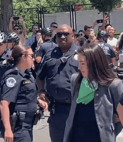 A Woman With A Green Bandana On Her Neck Is Being Escorted By Police GIF