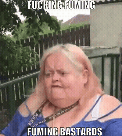 A Woman With A Lanyard That Says Police On It Says Fucking Fuming Fuming Bastards GIF