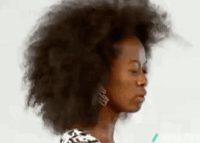 A Woman With A Large Afro Is Blowing Her Hair In The Wind . GIF