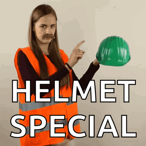 A Woman With A Mustache Is Pointing At A Green Helmet Which Says Helmet Special GIF