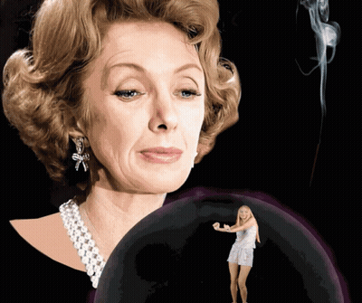 A Woman With A Pearl Necklace And Earrings Stands Next To A Woman In A White Dress GIF