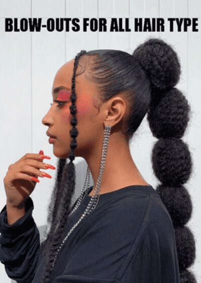 A Woman With A Ponytail And The Words Blow-Outs For All Hair Type Written Above Her GIF