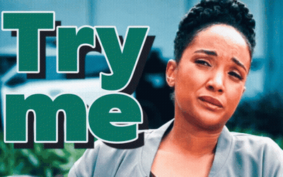 A Woman With A Sad Look On Her Face With The Words Try Me Behind Her GIF