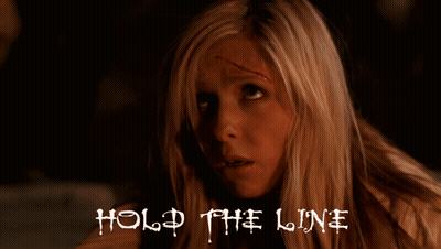 A Woman With A Scar On Her Forehead And The Words Hold The Line On The Bottom GIF