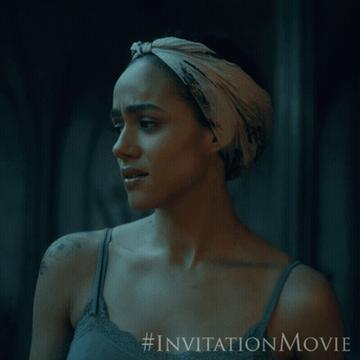A Woman With A Scarf Around Her Head Is Featured In An Invitation Movie GIF