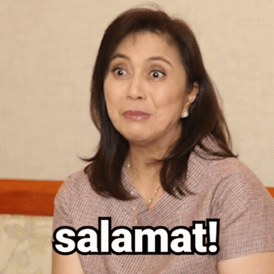 A Woman With A Surprised Look On Her Face And The Word Salamat Written In Black GIF