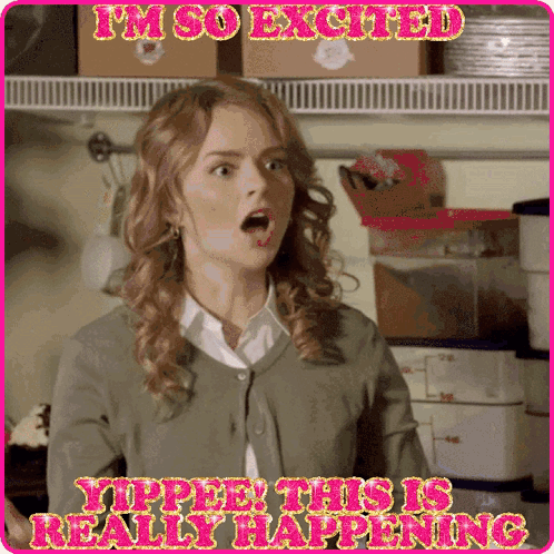 A Woman With A Surprised Look On Her Face And The Words I 'M So Excited GIF