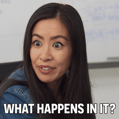 A Woman With A Surprised Look On Her Face And The Words " What Happens In It " Below Her GIF