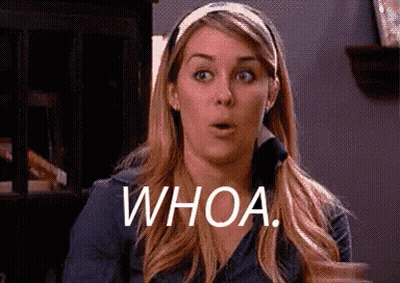 A Woman With A Surprised Look On Her Face And The Words Whoa Written On Her Face . GIF