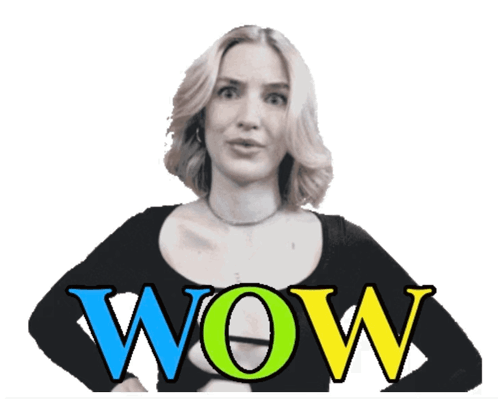 A Woman With A Surprised Look On Her Face Is Behind The Word Wow GIF