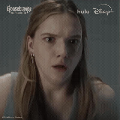 A Woman With A Surprised Look On Her Face Is Featured In An Ad For Goosebumps The Vanishing GIF