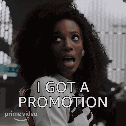 A Woman With A Surprised Look On Her Face Says I Got A Promotion From Prime Video GIF
