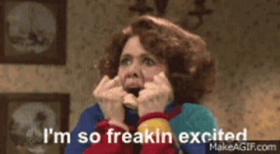 A Woman With A Surprised Look On Her Face Says I 'M So Freakin Excited . GIF