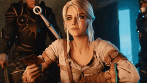 A Woman With A Sword And A Card That Says ' I 'M Sorry ' On It GIF