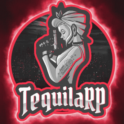 A Woman With A Tattoo On Her Arm Is Holding A Gun In A Logo For Tequilarp GIF