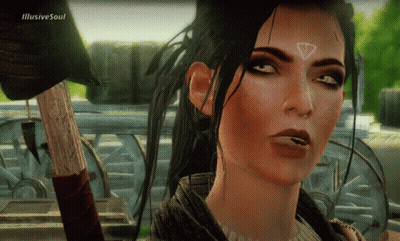 A Woman With A Triangle On Her Forehead Is In A Video Game With The Name Illusive Soul On The Bottom GIF