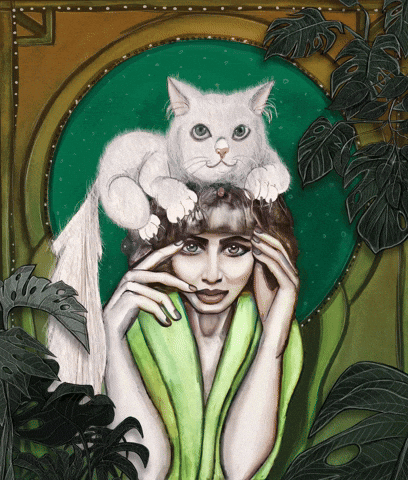 A Woman With A White Cat On Her Head GIF
