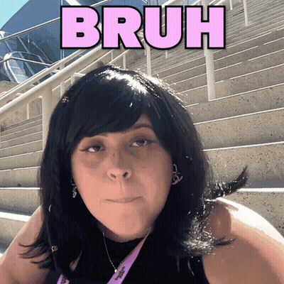 A Woman With A Wig And A Lanyard That Says Bruh On It GIF