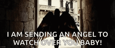 A Woman With Angel Wings Is Standing In A Doorway And Says `` I Am Sending An Angel To Watch Over You Baby ! '' GIF