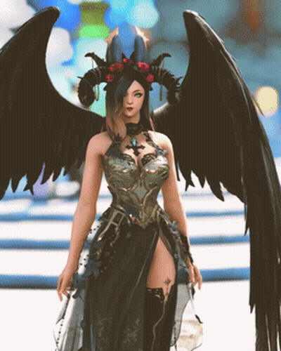 A Woman With Black Wings And A Crown Of Horns GIF