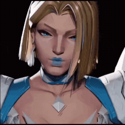 A Woman With Blonde Hair And Blue Lips Is Wearing A Choker GIF