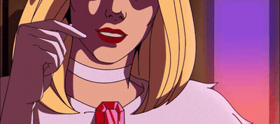 A Woman With Blonde Hair And Red Lips Is Wearing A Choker And A Red Necklace GIF