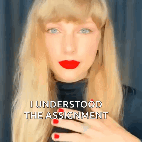A Woman With Blonde Hair And Red Lipstick Is Wearing A Black Turtleneck And Red Nails . GIF