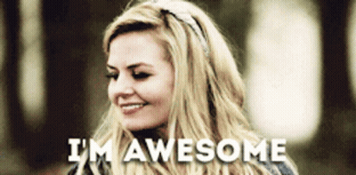 A Woman With Blonde Hair Is Smiling With The Words I 'M Awesome Below Her GIF