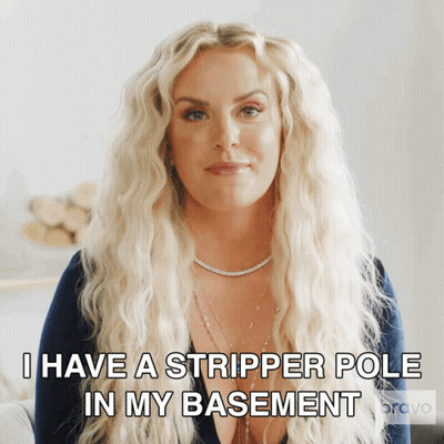 A Woman With Blonde Hair Says I Have A Stripper Pole In My Basement Bravo GIF