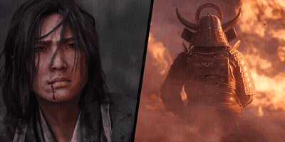 A Woman With Blood On Her Face Is Next To A Samurai With Horns GIF