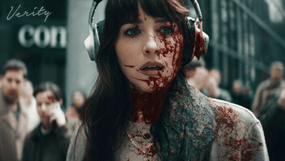 A Woman With Blood On Her Face Is Wearing Headphones And The Word Verity Is On The Bottom GIF