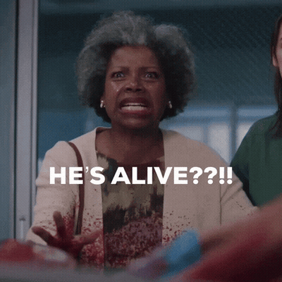 A Woman With Blood On Her Hands Says He 'S Alive In White Letters GIF