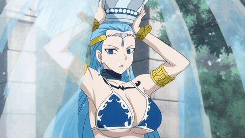 A Woman With Blue Hair And A Bikini Top Holds A Crown On Her Head GIF