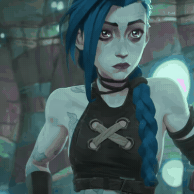 A Woman With Blue Hair And A Black Top With A Cross On The Front GIF