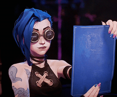 A Woman With Blue Hair And Goggles Is Holding A Blue Piece Of Paper GIF
