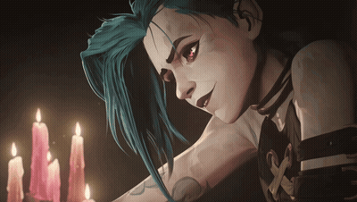a woman with blue hair and red eyes stands in front of candles
