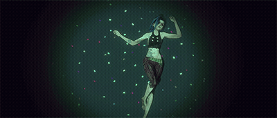 A Woman With Blue Hair Is Floating In The Air With Confetti Around Her . GIF
