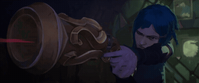 A Woman With Blue Hair Is Holding A Cannon In Her Hands . GIF