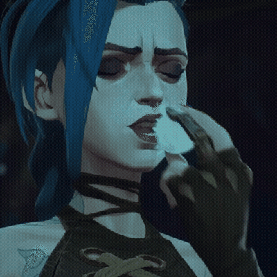A Woman With Blue Hair Is Holding A Piece Of Paper To Her Mouth GIF