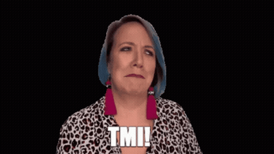 A Woman With Blue Hair Is Making A Funny Face And Says Tmi GIF