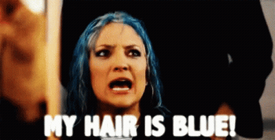 A Woman With Blue Hair Is Saying `` My Hair Is Blue ! '' GIF