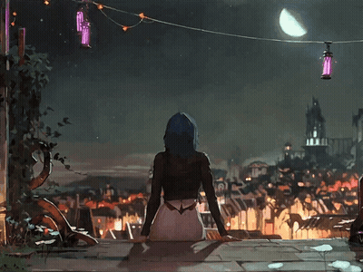 A Woman With Blue Hair Is Sitting On A Balcony Looking At A City At Night GIF
